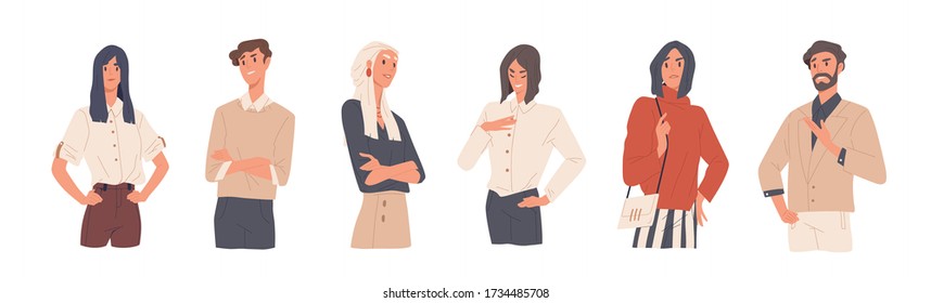 Set of man and woman with arrogant face expression vector flat illustration. Collection of colorful annoying selfish persons isolated on white background. Stylish self-confident people