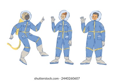 Set of man and woman astronauts in space suits isolated on white background