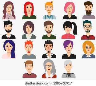 Set of man and woman avatars for web background design. Modern young people. Character design. User person. Flat vector illustration.