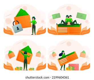 Set of man and woman with banknote professional accounting services, banking, saving and wallet, drawing in cartoon character, vector illustration