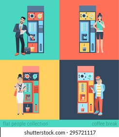 Set of man woman before coffee automatic machine. Flat people lifestyle situation coffee break. Vector illustration collection of young creative humans.