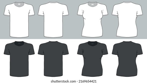 Set of man and woman, boy and girl t-shirt vector template in white and black colors (front and back) technical sketch.