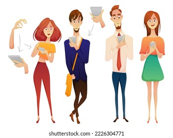 Set of Man and Woman, Business people Having Different positive emotions with gestures with smartphone in cartoon character, vector illustration isolated on white background