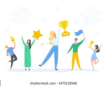 Set of Man and Woman celebrating victory, achieving reward, prize. People Success vector concept illustration. Business leader characters. Businessman and businesswoman winning trophy 