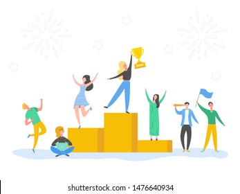 Set of Man and Woman celebrating victory, achieving reward, prize. People Success vector concept illustration. Business leader characters. Businessman and businesswoman winning trophy 