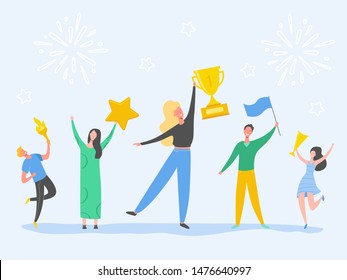 Set of Man and Woman celebrating victory, achieving reward, prize. People Success vector concept illustration. Business leader characters. Businessman and businesswoman winning trophy 