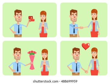 Set of man and woman characters in different situations. Marriage proposal, date, give flowers, love concept. Vector illustration