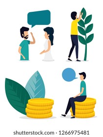 set man and woman with chat bubble and coins
