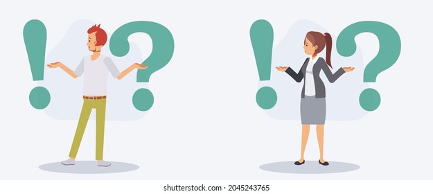 El conjunto de hombres y mujeres es confuso, entre signos de exclamación y signos de interrogación. Concepto de pregunta. Ilustración de personajes de dibujos animados 2D de vector plano.