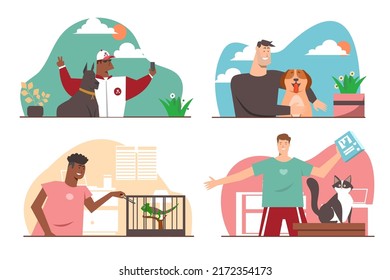 Set of man and woman in different activities Playing with pets, planting trees, reading, exercising, lifestyle drawing in cartoon character, vector illustration