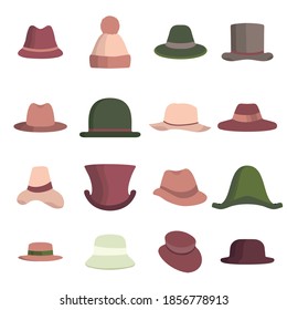 Set Of Man And Woman Different Hats. Head Hat Icon Collection Isolated On White. Vector Illustration Color Hats