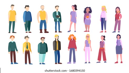 Set of man and woman of different race and age. Adult character in casual clothes with various hair style and body type. Vector illustration