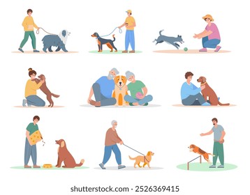 Set of man and woman with dogs. People walking, playing, feeding and training with dog. Dog lover, owner or volunteer characters. Vector flat illustration isolated on white background.