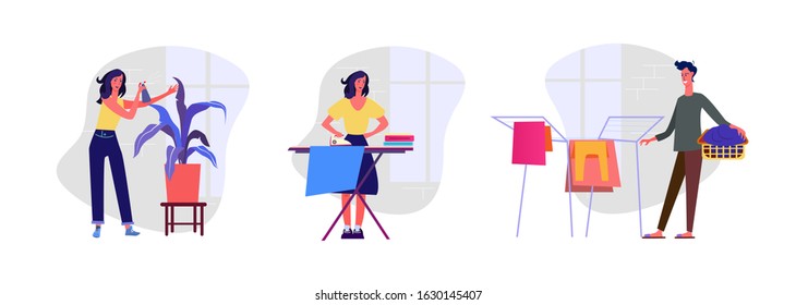 Set of man and woman doing domestic chores. Flat vector illustrations of couple hanging and ironing laundry. Household, domestic chores concept for banner, website design or landing web page