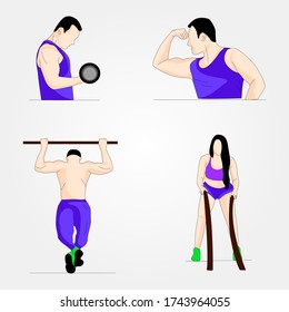 Set of man and woman doing exercise at gym - Digital vector illustration without reference