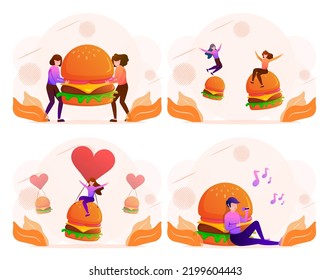 Set of man and woman enjoy lifestyle with hamburger in various activities, drawing in cartoon character, vector illustration