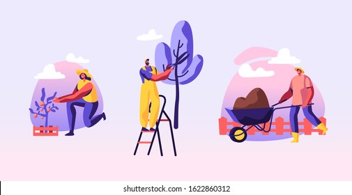 Set of Man and Woman Farmers Working in Garden, Care of Plants, Grow Vegetable, Trimming Trees, Remove Soil on Wheelbarrow. Gardeners Characters Working at Country Ranch. Cartoon Vector Illustration