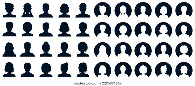 Setze Mann und Frau Kopf Symbol Silhouette. Avatar-Profilschild für Männer und Frauen, Logo für die Gesichtshaut - für Stock