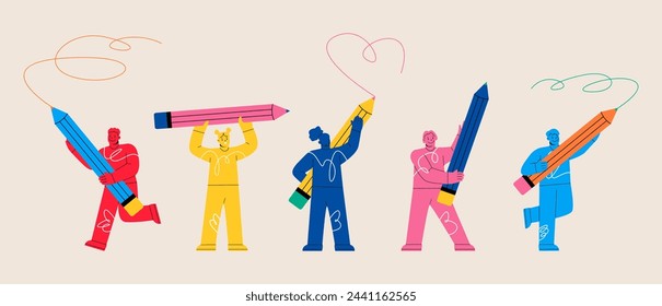 Conjunto de hombre y mujer sosteniendo un gran lápiz en sus manos y dibujo. Colorida ilustración vectorial 