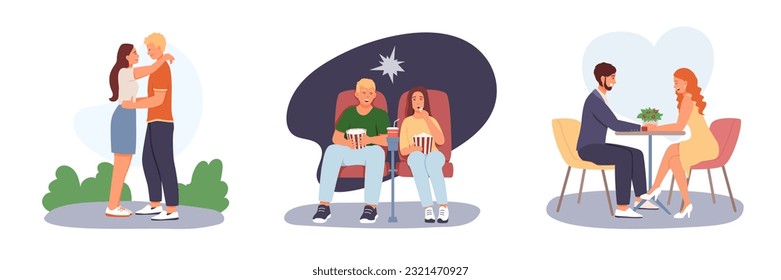 Set of man and woman hugging, watching movie in theater and meeting in restaurant. Friends meeting. Happy couple spending time together. Time for dating and walk. Flat vector illustration