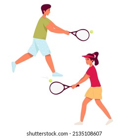 Set of man, woman playing tennis. flat character. Vector illustration. man demonstrate receive position holding racket. Sportsman playing big tennis. isolated on whine. male taking part 