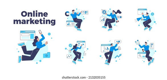 Set man and woman professional marketologist analyzing digital promotion idea optimization vector flat illustration. Collection business people successful management strategy PR announcement