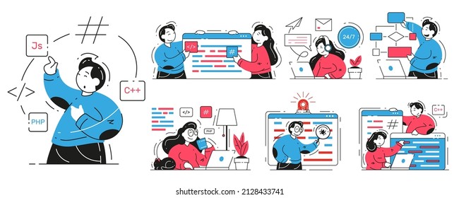 Ponga a un programador profesional o a un ingeniero de software trabajando en la ilustración plana de vectores de computadora. Programación de personas de colección, freelance, búsqueda de fallos, asistencia al cliente, análisis