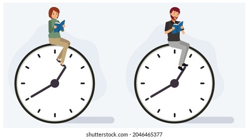 Set of man and woman reading a book on clock. free time concept.Flat vector 2D cartoon character illustration.