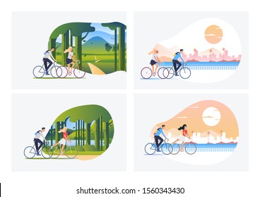 Set of man and woman riding bikes. Flat vector illustrations of couples riding bicycles. Outdoor activities concept for banner, website design, landing web page