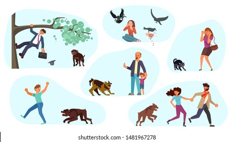 Set of man and woman runs from the dog or scared of a black cat. Huge homeless aggressive mongrel attacks people. Flat Art Vector illustration