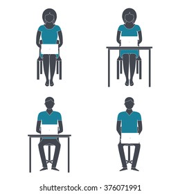 Set of man and woman sitting and working on laptop / Vector illustration working people with laptop 