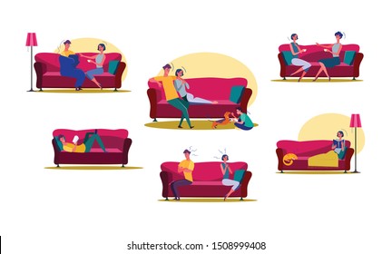 Set of man and woman spending time at home. Group of couples living together. Life together concept. Vector illustration can be used for presentation, project, webpage
