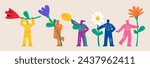 Set of man and woman stands holding a giant flower. Colorful vector illustration
