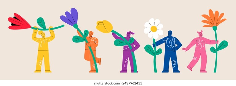 Set of man and woman stands holding a giant flower. Colorful vector illustration
