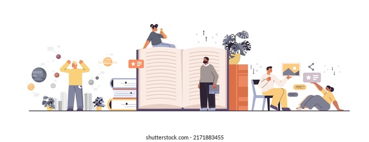 set man woman students reading books education exam preparation concept