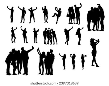 Set of man and woman taking selfie through mobile phone, group selfie, group of friends take picture with phone silhouette