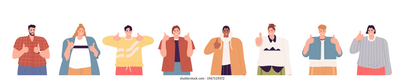 Set of man and woman Thumb  up. Happy man and woman showing thumb up, mirth and gladness, cheerful facial expression. Flat vector illustration isolated on white