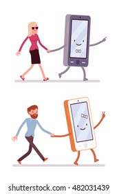 Set of man and woman walking with smartphone isolated against white background. Cartoon vector flat-style illustration