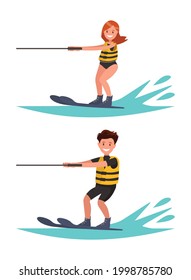 Set man and woman water-ski. Vector illustration of a flat design