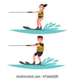 Set man and woman water-ski. Vector illustration of a flat design