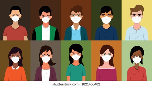 Set of man and woman wearing medical mask in flat illustration style.	
