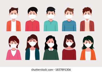 Set of man and woman wearing medical mask in flat vector illustration style.	