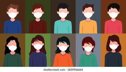 Set of man and woman wearing medical mask in flat illustration style.