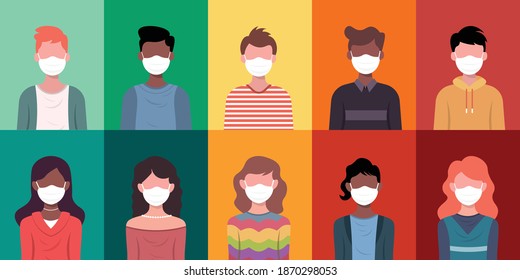 Set of man and woman wearing medical mask in flat illustration style.	
