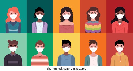 Set of man and woman wearing medical mask in flat illustration style.