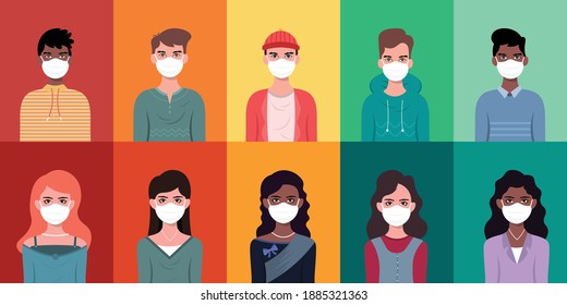 Set of man and woman wearing medical mask in flat illustration style.