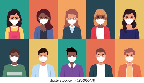 Set of man and woman wearing medical mask in flat illustration style.