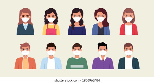 Set of man and woman wearing medical mask in flat illustration style.