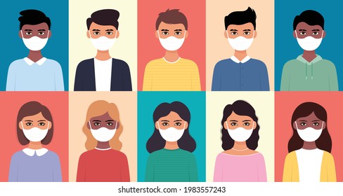 Set of man and woman wearing medical mask flat style icon design.	