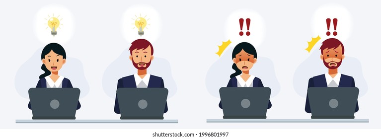 Set of man and woman who had an inspiration while working on a laptop, was shocking with something in laptop. Falt vector cartoon character illustration.